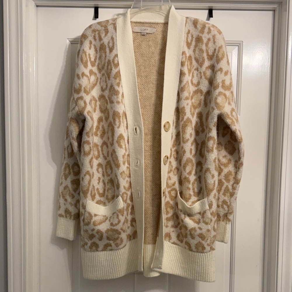 LOFT Cream and Tan Leopard Print Cardigan size medium